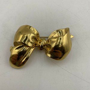 Vintage Signed Monet Large Ribbon Bow Brooch  Gold
